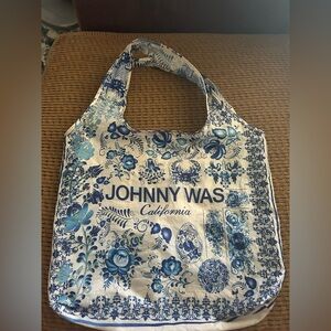 JOHNNY WAS Floral Print Shopper Tote/Bag Inside Pocket Silky Nylon Blue